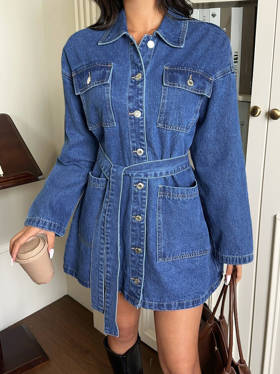 Rivivi Flap Pocket Belted Denim Dress - Blue - View 1