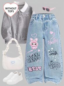 SHEIN ChillGRL Fashionable Young Girls Light Wash Denim Jeans With Playful Rabbit Heart And Letter Prints Straight Leg Long Pants Young Girls Fashion Autumn Fall - Light Wash - View 4