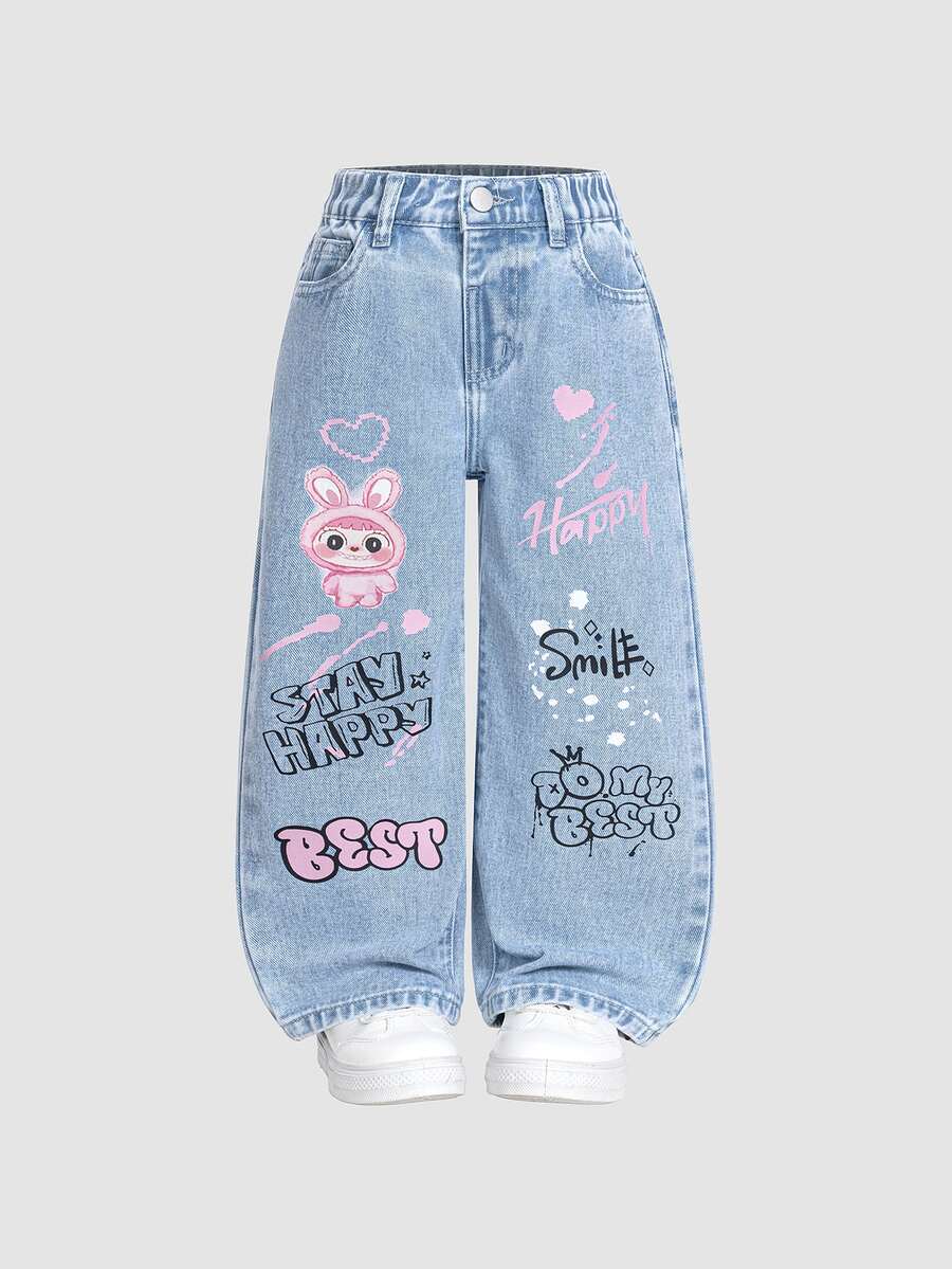 SHEIN ChillGRL Fashionable Young Girls Light Wash Denim Jeans With Playful Rabbit Heart And Letter Prints Straight Leg Long Pants Young Girls Fashion Autumn Fall - Light Wash - View 1