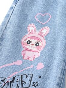 SHEIN ChillGRL Fashionable Young Girls Light Wash Denim Jeans With Playful Rabbit Heart And Letter Prints Straight Leg Long Pants Young Girls Fashion Autumn Fall - Light Wash - View 8