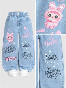 SHEIN ChillGRL Fashionable Young Girls Light Wash Denim Jeans With Playful Rabbit Heart And Letter Prints Straight Leg Long Pants Young Girls Fashion Autumn Fall - Light Wash - View 3