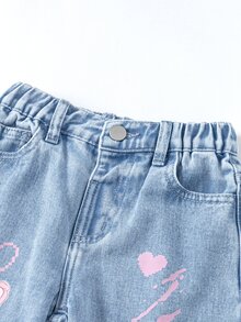 SHEIN ChillGRL Fashionable Young Girls Light Wash Denim Jeans With Playful Rabbit Heart And Letter Prints Straight Leg Long Pants Young Girls Fashion Autumn Fall - Light Wash - View 5