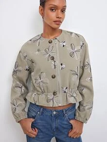 Maija Army Green Autumn/Winter Women's Embroidered Wool Jacket With Pleated Hem, Urban Casual Holiday Style - Army Green - View 3