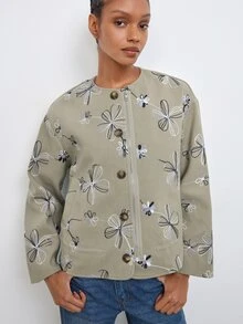 Maija Army Green Autumn/Winter Women's Embroidered Wool Jacket With Pleated Hem, Urban Casual Holiday Style - Army Green - View 5