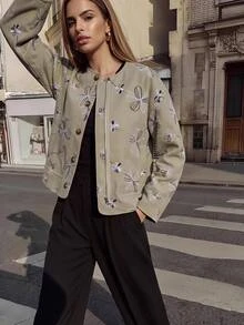 Maija Army Green Autumn/Winter Women's Embroidered Wool Jacket With Pleated Hem, Urban Casual Holiday Style - Army Green - View 1