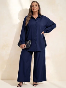 SHEIN Clasi 大尺碼女款印花圓領蝙蝠袖上衣與純色直筒口袋長褲兩件套 - 藏蓝色 - 查看 3