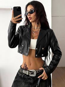 Coolane Women's Fall/Winter Streetwear Business Casual Music Festival Party Sexy Goth Punk Gyaru Basic Notch Lapel Collar Crop Black Long Sleeve Coat - Black - View 2