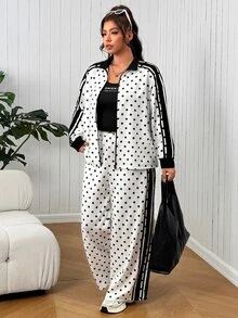SHEIN EZwear 大尺碼女款波點拼接拉鍊長袖上衣與長褲休閒日常套裝 秋季 - 彩色 - 查看 1