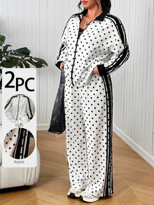 SHEIN EZwear 大尺碼女款波點拼接拉鍊長袖上衣與長褲休閒日常套裝 秋季 - 彩色 - 查看 3