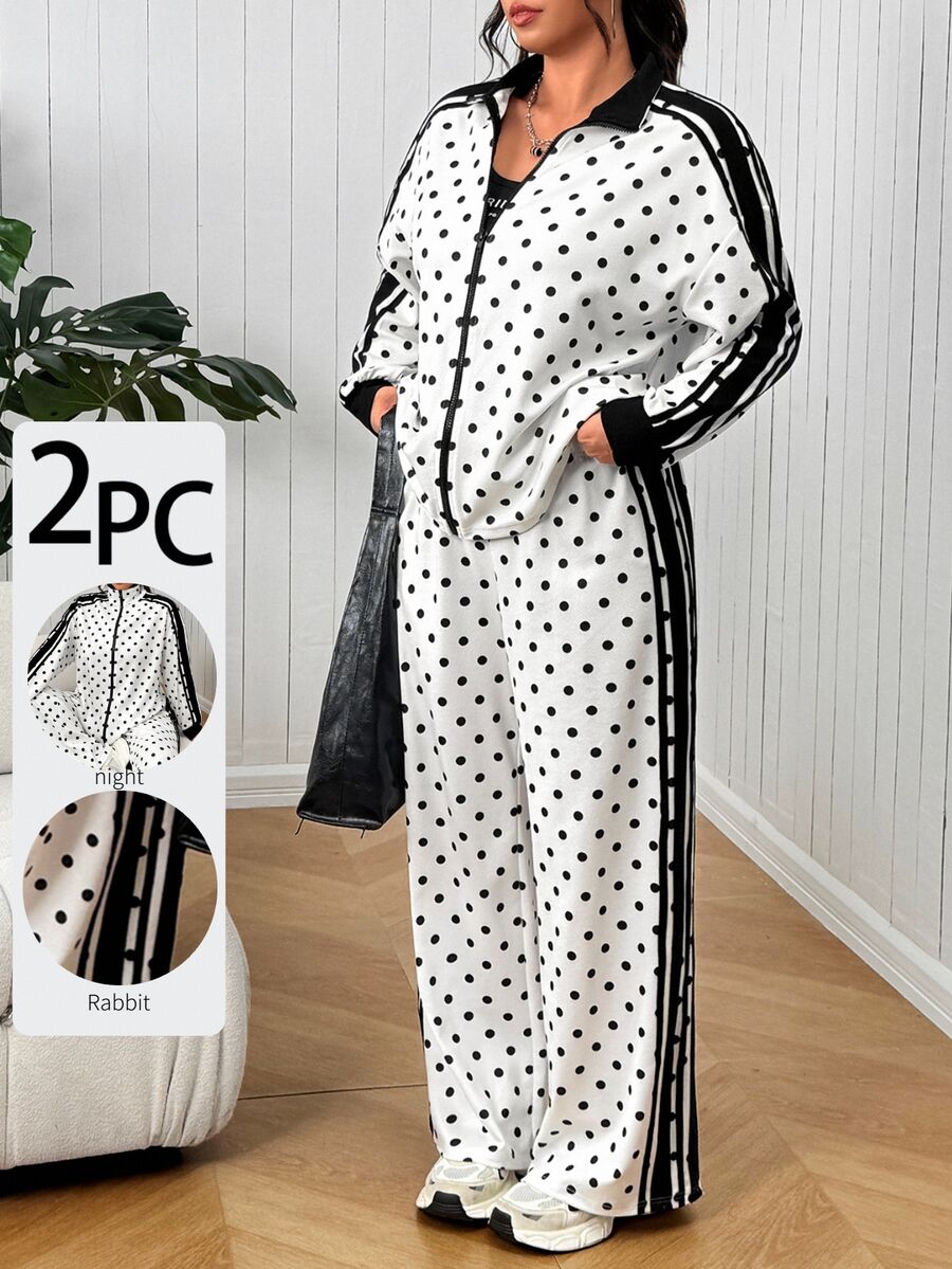 SHEIN EZwear Plus Size Women Polka Dot Colorblock Zipper Long Sleeve Top And Pants Casual Daily Set Fall - Multicolor - View 1