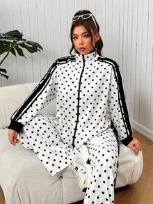 SHEIN EZwear 大尺碼女款波點拼接拉鍊長袖上衣與長褲休閒日常套裝 秋季 - 彩色 - 查看 4