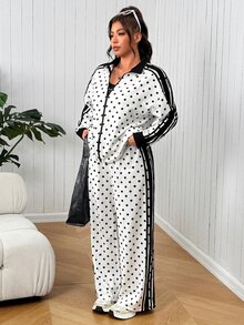 SHEIN EZwear 大尺碼女款波點拼接拉鍊長袖上衣與長褲休閒日常套裝 秋季 - 彩色 - 查看 6