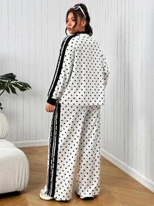 SHEIN EZwear 大尺碼女款波點拼接拉鍊長袖上衣與長褲休閒日常套裝 秋季 - 彩色 - 查看 2