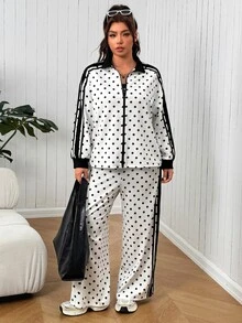 SHEIN EZwear 大尺碼女款波點拼接拉鍊長袖上衣與長褲休閒日常套裝 秋季 - 彩色 - 查看 5