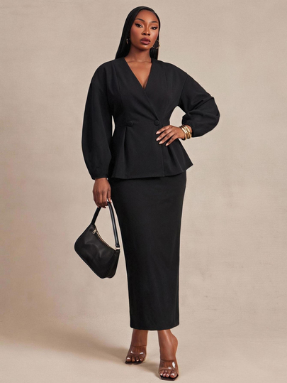 Radiana Plus Size Autumn/Winter Elegant Fashion Vintage Black Suit Set, Double-Breasted Waist-Cinching Blazer + Slim Straight Long Skirt 2-Piece Set, Suit Skirt Set, Long Skirt Set, Elegant Women's Outfit, Commute Wear, Work Wear, Urban Wear, Casual Wear, Date Wear