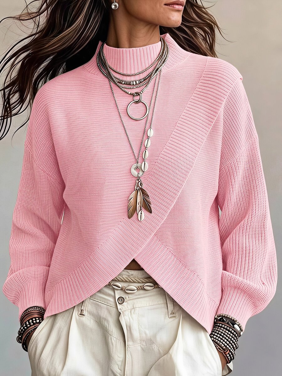 SHEIN LUNE Sweater Lengan Panjang Wanita Warna Polos dengan Kerah Tegak, Kasual, Serbaguna untuk Pemakaian Sehari-hari