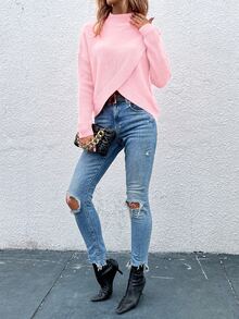 SHEIN LUNE Sweater Lengan Panjang Wanita Warna Polos dengan Kerah Tegak, Kasual, Serbaguna untuk Pemakaian Sehari-hari - Berwarna merah muda - View 6