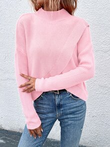 SHEIN LUNE Sweater Lengan Panjang Wanita Warna Polos dengan Kerah Tegak, Kasual, Serbaguna untuk Pemakaian Sehari-hari - Berwarna merah muda - View 8