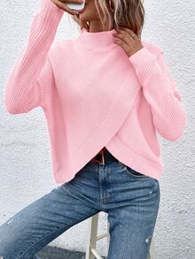 SHEIN LUNE Sweater Lengan Panjang Wanita Warna Polos dengan Kerah Tegak, Kasual, Serbaguna untuk Pemakaian Sehari-hari - Berwarna merah muda - View 4