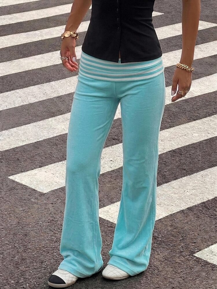 Tween Girls Casual Low Waist Long Pants, Mint Blue, Y2K Style, Striped Long Pants, Contrast Waistband, Autumn Girl's Clothing, Winter Clothing, 2026 Autumn/Winter, Casual Style, Y2K Style, Girl's Commute Outfit, Minimalist Style, Retro Style, Back To School Outfit, Outdoor Travel, Campus Style - Multicolor - View 2