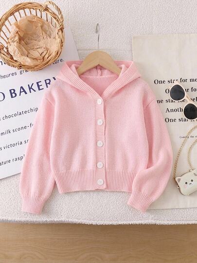 Genkimix Kids Pink Back-To-School School Girl Cardigan, Girls' Casual Solid Color Hooded Knit Sweater, Autumn/Winter Young Girls Puffy Arms V Neck Button Front Crop Top