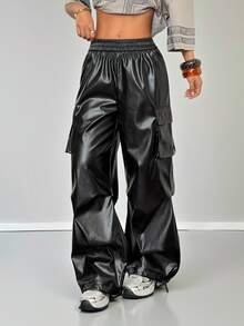 SHEIN PETITE Women's Fall/Summer And Summer Streetwear Going Out Y2K Rapper Basic Athleisure Leather Black Cargo Pants Baggy ,Petite Women - Black - View 6