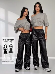SHEIN PETITE Women's Fall/Summer And Summer Streetwear Going Out Y2K Rapper Basic Athleisure Leather Black Cargo Pants Baggy ,Petite Women - Black - View 3
