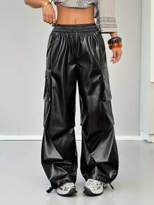 SHEIN PETITE Women's Fall/Summer And Summer Streetwear Going Out Y2K Rapper Basic Athleisure Leather Black Cargo Pants Baggy ,Petite Women - Black - View 5
