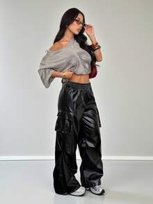 SHEIN PETITE Women's Fall/Summer And Summer Streetwear Going Out Y2K Rapper Basic Athleisure Leather Black Cargo Pants Baggy ,Petite Women - Black - View 7