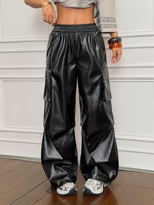 SHEIN PETITE Women's Fall/Summer And Summer Streetwear Going Out Y2K Rapper Basic Athleisure Leather Black Cargo Pants Baggy ,Petite Women - Black - View 11