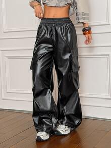 SHEIN PETITE Women's Fall/Summer And Summer Streetwear Going Out Y2K Rapper Basic Athleisure Leather Black Cargo Pants Baggy ,Petite Women - Black - View 12