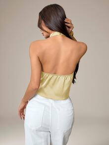 SHEIN PETITE Blus Wanita Seksi Tanpa Punggung dengan Leher Halter, Elegan untuk Pesta, Perjalanan, dan Liburan, Musim Panas - Kuning muda - View 2