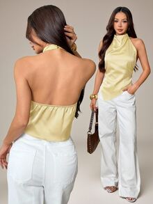 SHEIN PETITE Blus Wanita Seksi Tanpa Punggung dengan Leher Halter, Elegan untuk Pesta, Perjalanan, dan Liburan, Musim Panas - Kuning muda - View 8