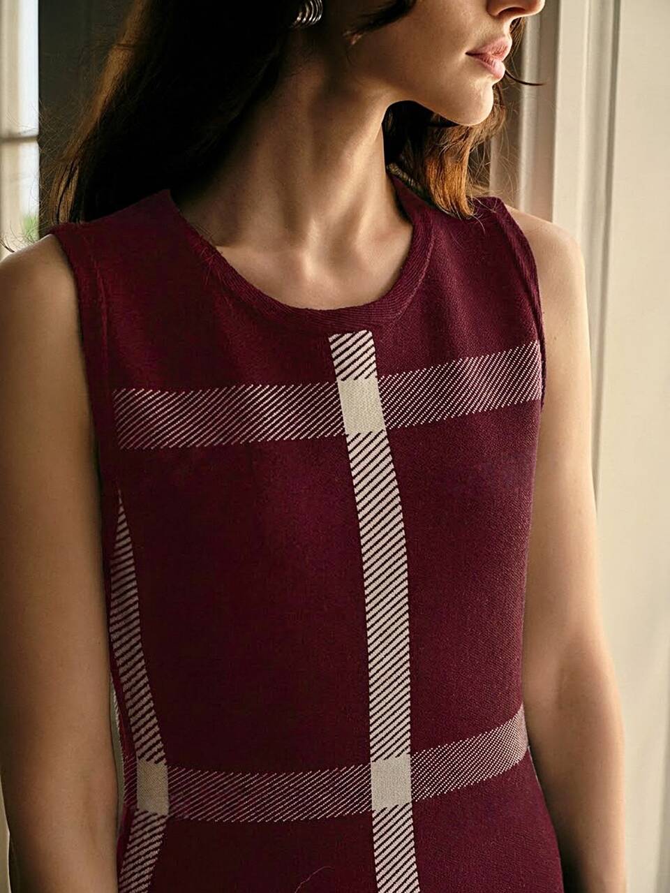 MOTF CHECKERED SLEEVELESS KNIT DRESS