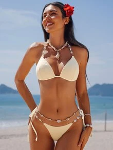 SHEIN Swim Women's Shell Decor Bandeau Waist Tie Side Bikini Sets Summer - Apricot - View 4
