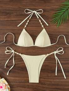 SHEIN Swim Women's Shell Decor Bandeau Waist Tie Side Bikini Sets Summer - Apricot - View 7