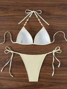 SHEIN Swim Women's Shell Decor Bandeau Waist Tie Side Bikini Sets Summer - Apricot - View 8