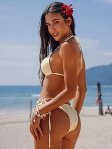SHEIN Swim Women's Shell Decor Bandeau Waist Tie Side Bikini Sets Summer - Apricot - View 3