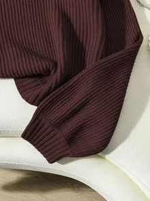 SHEIN 女款素色長袖圓領羅紋針織時尚毛衣 - 咖啡棕 - 查看 6