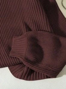 SHEIN 女款素色長袖圓領羅紋針織時尚毛衣 - 咖啡棕 - 查看 7