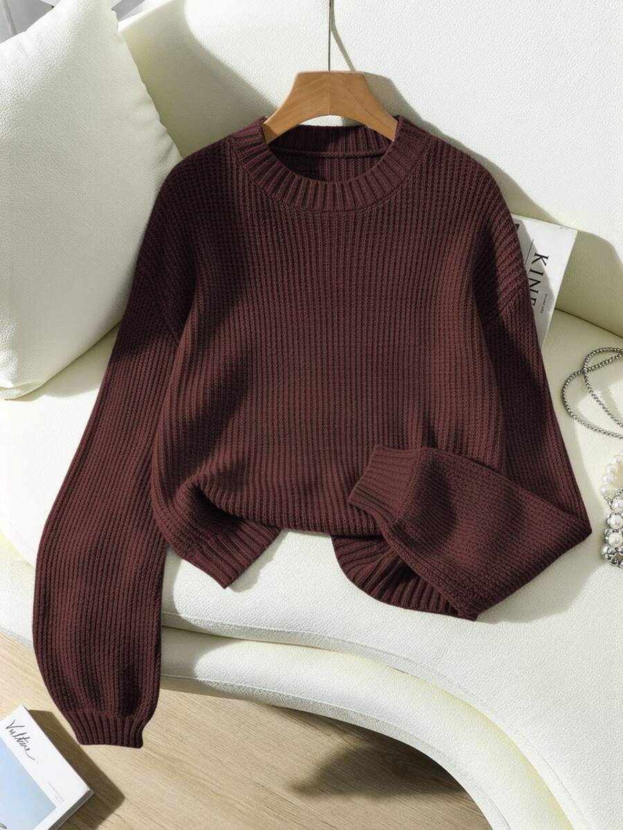SHEIN Women's Solid Color Long Sleeve Crew Neck Ribbed Knit Fashion Sweater