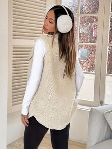 SHEIN EZwear 女款秋冬杏色法蘭絨外套，翻領設計，經典版型，長度至臀部 - 杏色 - 查看 2