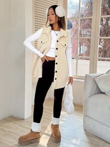 SHEIN EZwear 女款秋冬杏色法蘭絨外套，翻領設計，經典版型，長度至臀部 - 杏色 - 查看 4