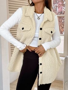 SHEIN EZwear 女款秋冬杏色法蘭絨外套，翻領設計，經典版型，長度至臀部 - 杏色 - 查看 3