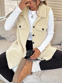 SHEIN EZwear 女款秋冬杏色法蘭絨外套，翻領設計，經典版型，長度至臀部 - 杏色 - 查看 6