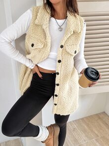 SHEIN EZwear 女款秋冬杏色法蘭絨外套，翻領設計，經典版型，長度至臀部 - 杏色 - 查看 1