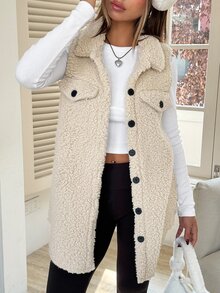 SHEIN EZwear 女款秋冬杏色法蘭絨外套，翻領設計，經典版型，長度至臀部 - 杏色 - 查看 7
