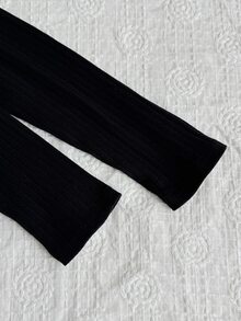 SHEIN 兒童青少年女孩春秋冬新款黑白配色翻領休閒校園羅紋長袖T恤，返校季對比色領口長袖百搭上衣 - 黑與白 - 查看 6