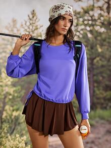 Exploreva Women's Fashion Long Sleeve Drawstring Tie Round Neck Top - Purple - View 9