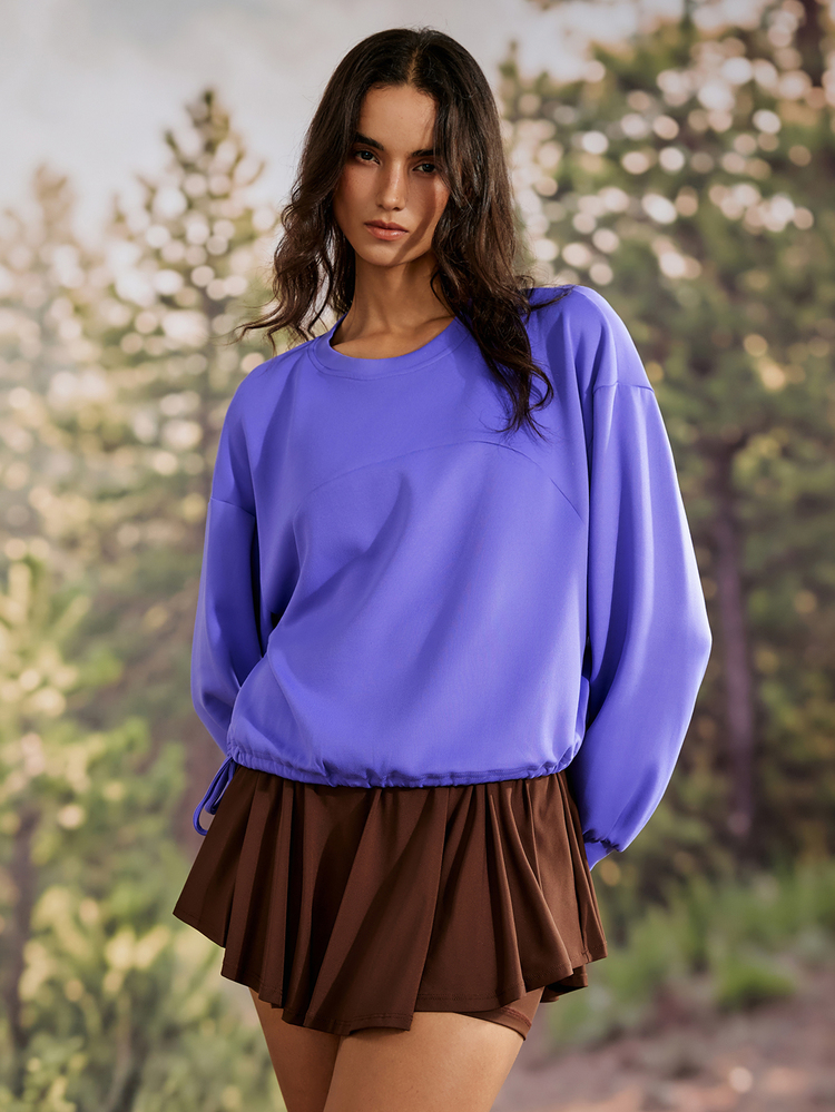 Exploreva Women's Fashion Long Sleeve Drawstring Tie Round Neck Top - Purple - View 6